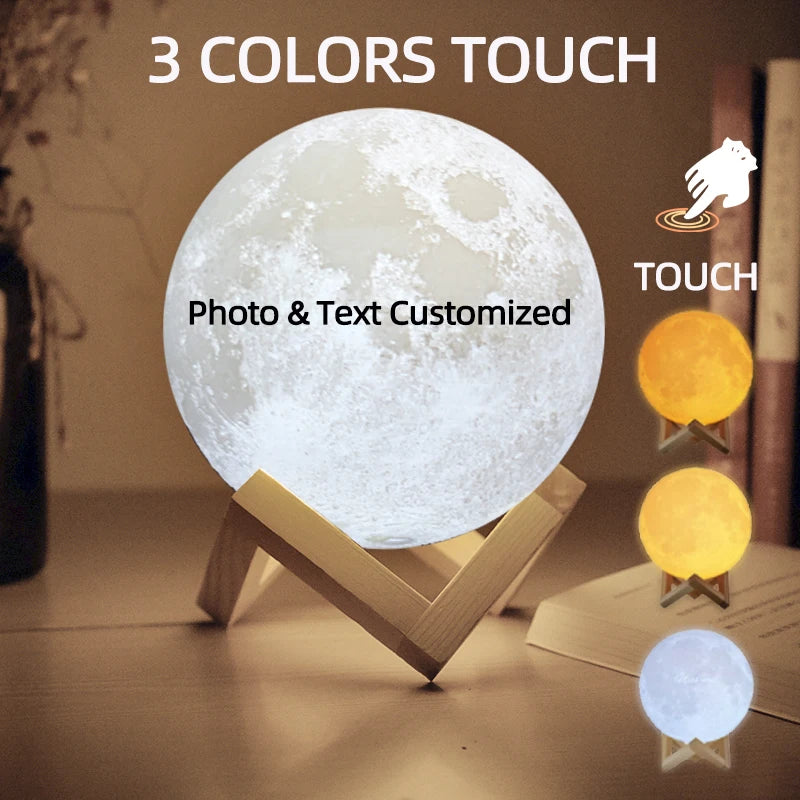 Personalized 3D Printing Moon Lamp Customized Photo Text Night Light USB Rechargeable Birthday Mother Day Valentine's Lunar Gift