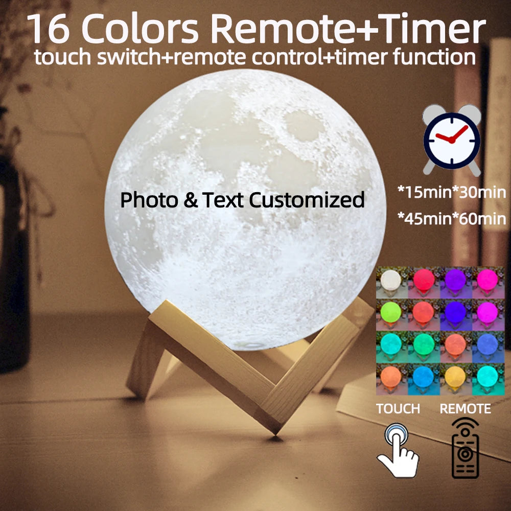 Personalized 3D Printing Moon Lamp Customized Photo Text Night Light USB Rechargeable Birthday Mother Day Valentine's Lunar Gift